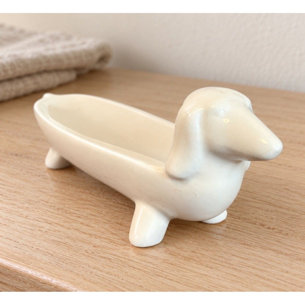 White Ceramic Dachshund Dog Figurine Tray Dish Glossy 3D Effect 5 in
